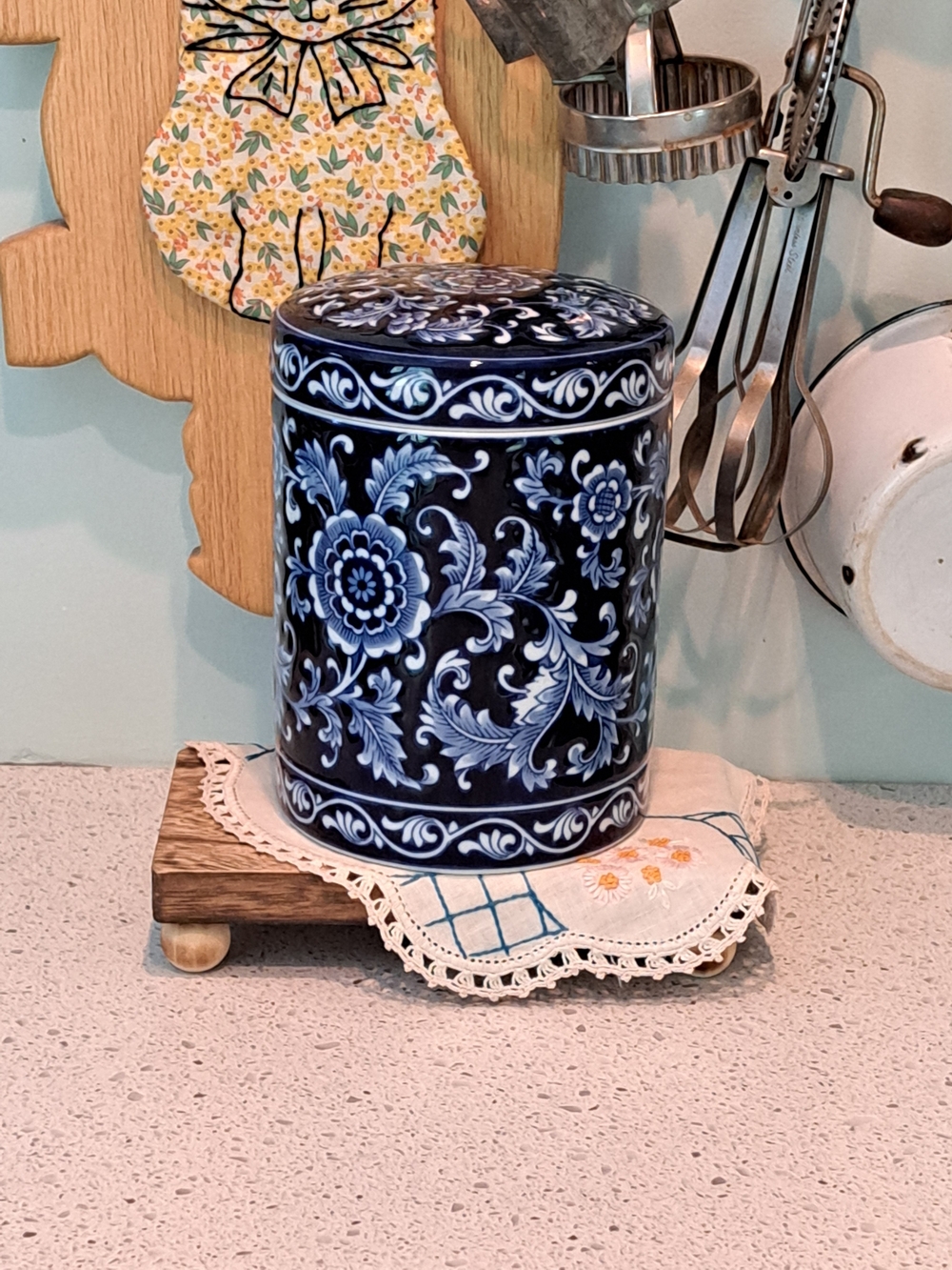 Pier 1 Navy and Light Blue Floral Ceramic Canister